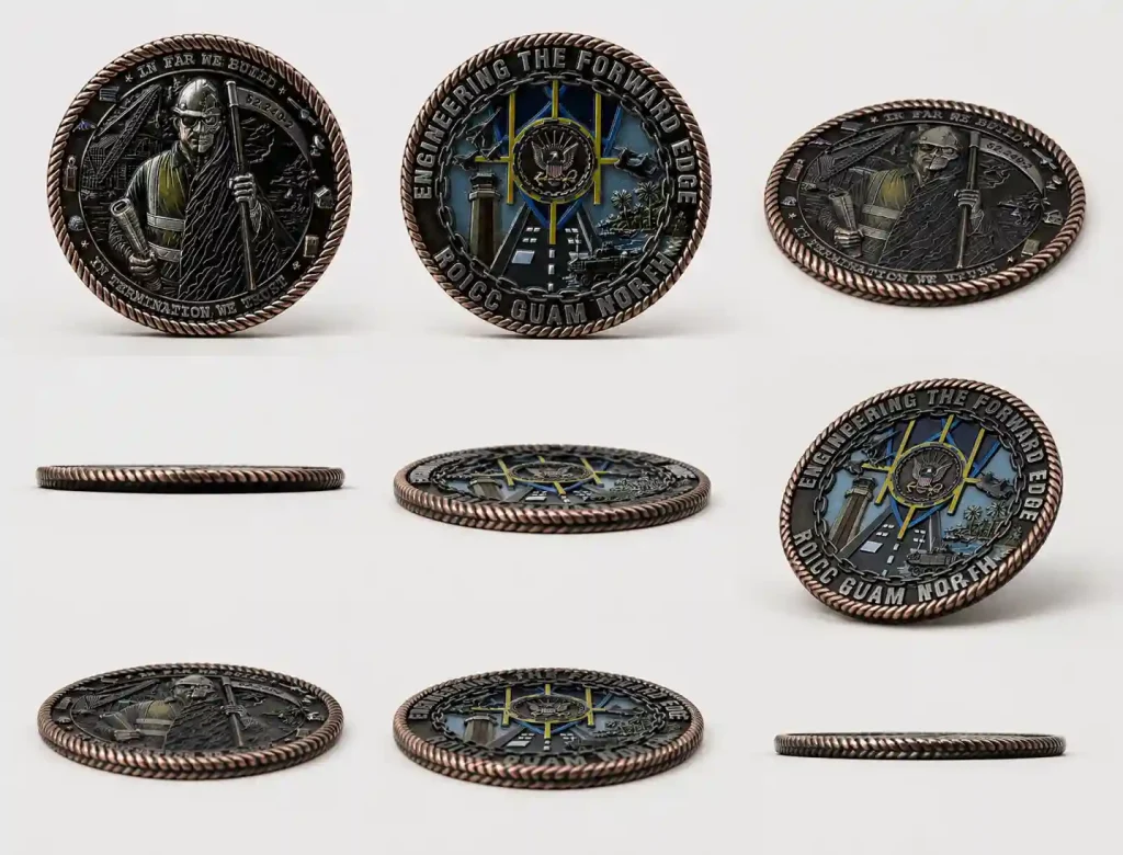 Close-up views of military challenge coin details and edges