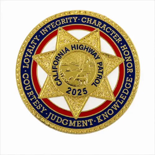 Custom highway patrol coin with state outline and badge thumbnail